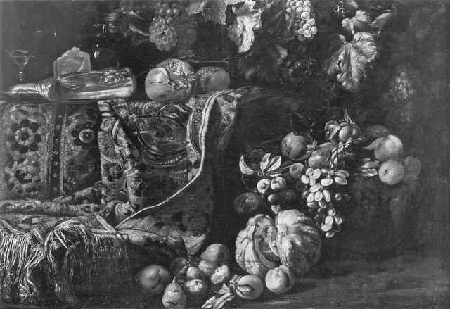 Arte Fotografica — Anonimo emiliano sec. XVII/ XVIII - Natura morta con frutta, fiori, carne e tappeto — insieme